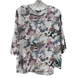 Renuar Chiffon Floral Blouse With Sandhill Cranes Birds 3/4 Sleeve XL